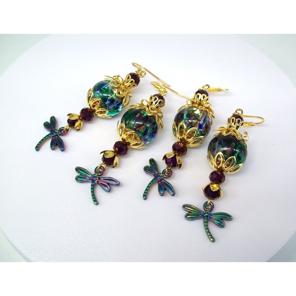 Dragonfly Earrings Dangle, Lampwork Jewelry, Gold, Handmade Artisan Crafted